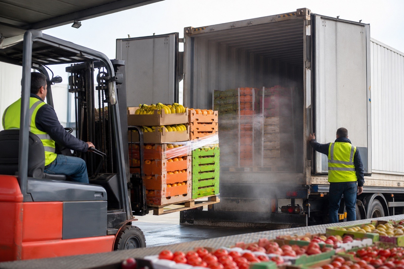Unloading a refrigerated container of fresh produce
